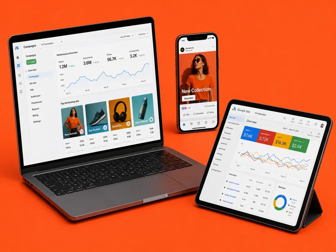 Marketing campaigns and results shown on a laptop, phone and tablet