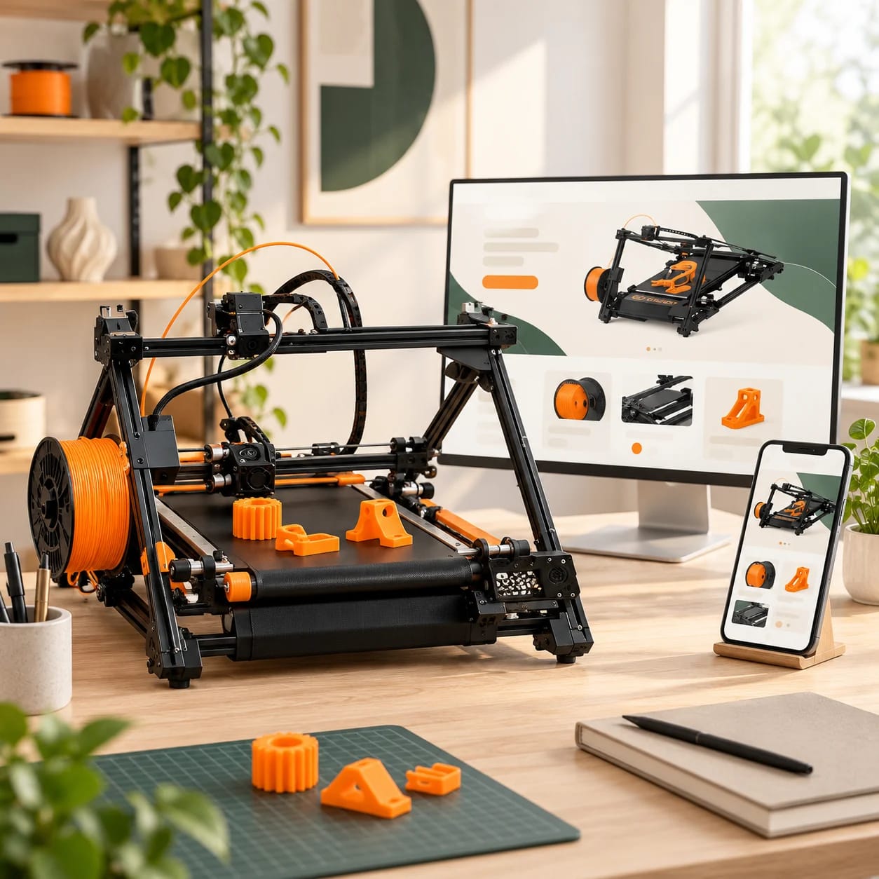 An iFactory3D printer in a bright studio, next to the online store and the campaign materials