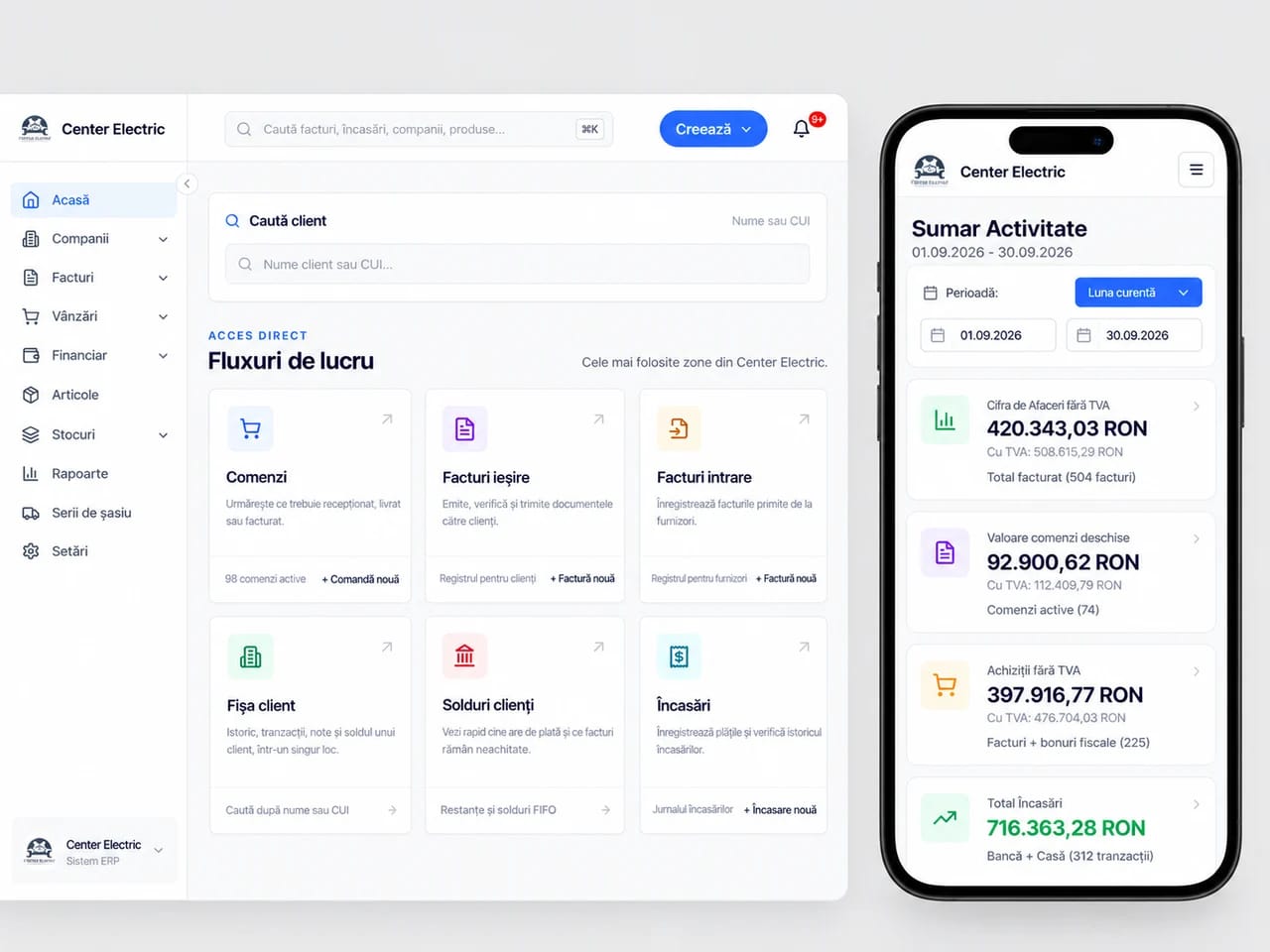 The Center Electric interface with workflows and reports adapted for phone