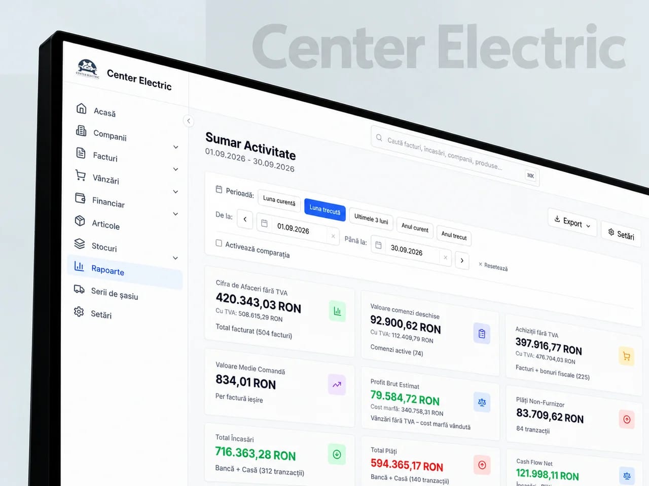 Center Electric ERP reports shown on a screen in perspective