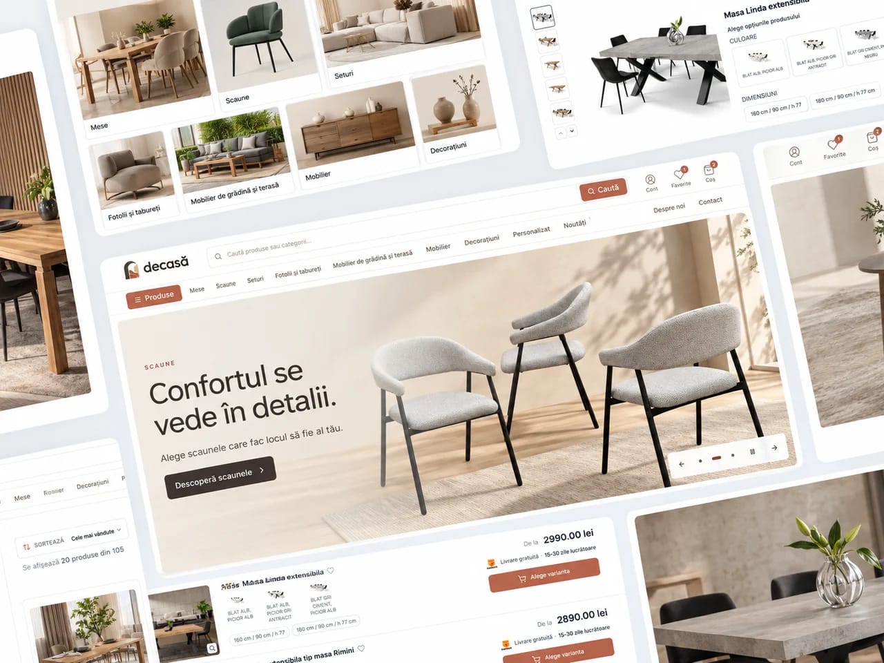 The DeCasă online store: homepage, furniture catalog and product page in one visual overview