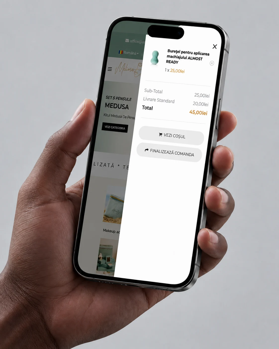 Meliora on mobile, shopping cart