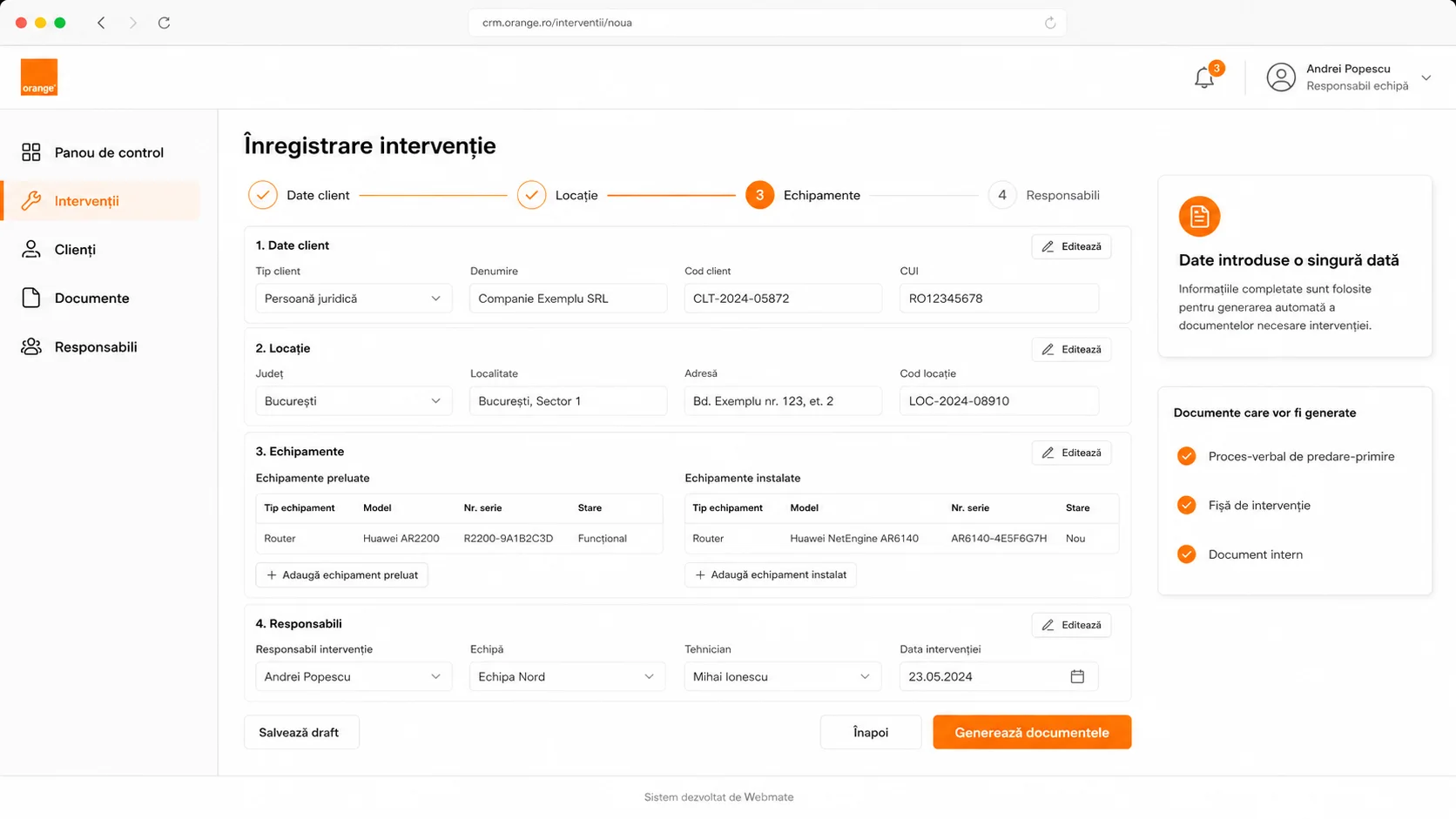 A form for the field service visit