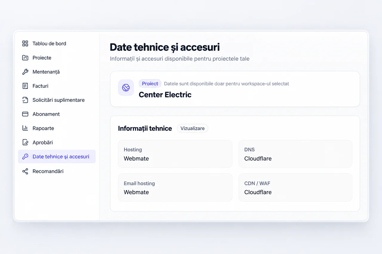 Hosting and infrastructure information in the Webmate portal