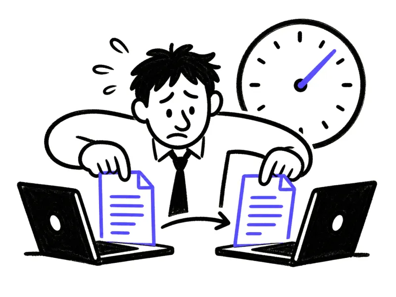 Illustration: a person copying a document between two laptops, with a clock