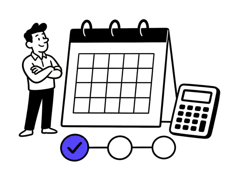 Illustration: a calendar, a calculator and the first of three stages marked done