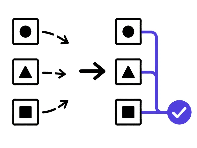 Illustration: three separate systems on the left, the same three connected on the right