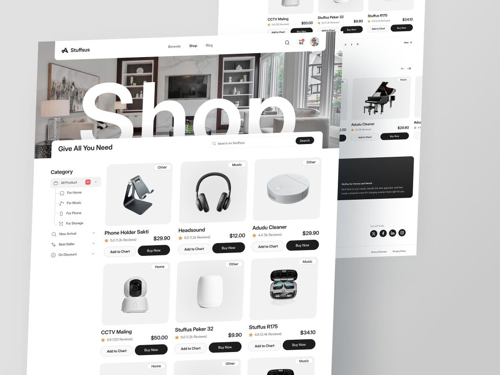 Un site web alb-negru pentru un magazin.