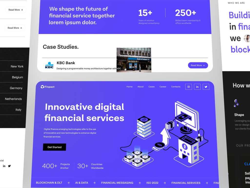 O colecție de șabloane de site-uri pentru servicii financiare digitale.